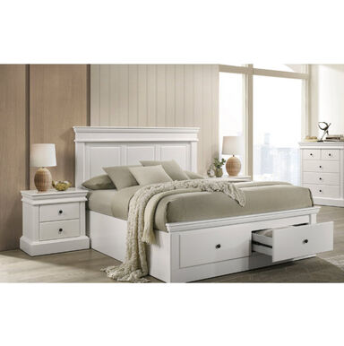 White Dove bed frame featuring under-bed storage drawers