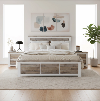 Laid-Back Coastal Look Coastal look bed with hidden drawers and holiday feel.