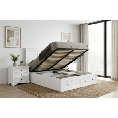 White Santosh bedroom suite with gas-lift storage bed,